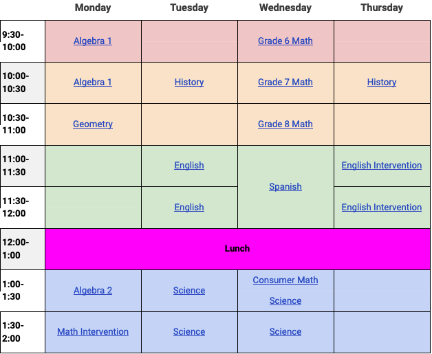 Grades 6-12 Live Tutoring Schedule